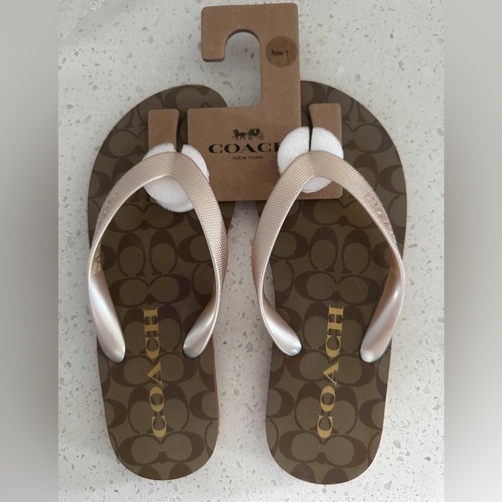 Coach Tan and Brown Logo Flip Flops